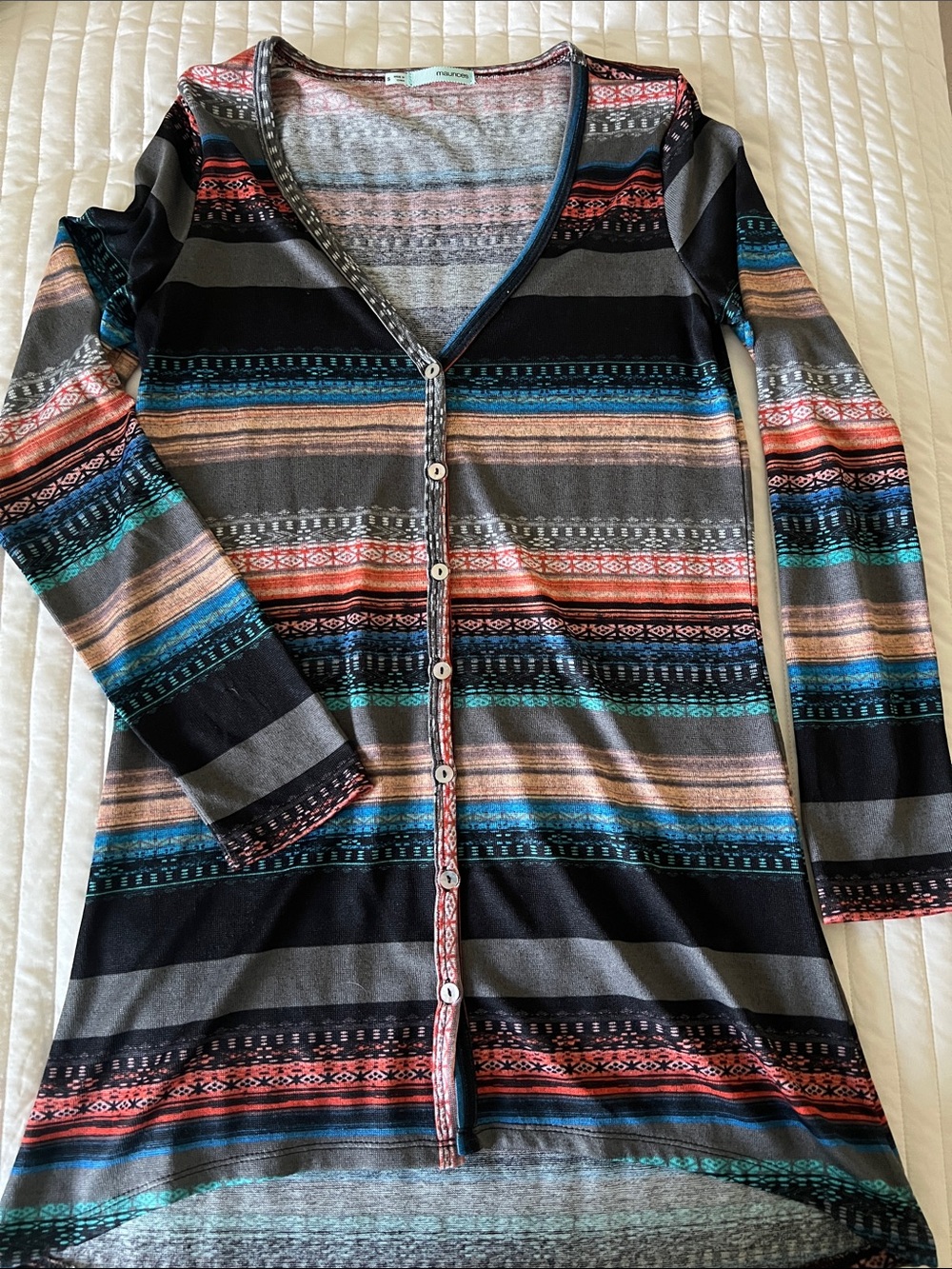 Maurices Striped Button-Front Tunic in Black, Gray, Teal, Coral